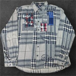 Desigual Rainbow Grey Plaid Patchwork Button-Down Shirt Graffiti Accents sz XL